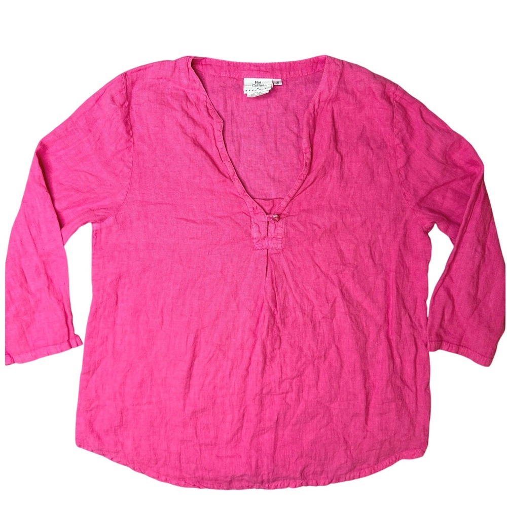 Vintage Hot Cotton 100% Linen Blouse Womens Small Pink V-Neck 3/4 Sleeve Top